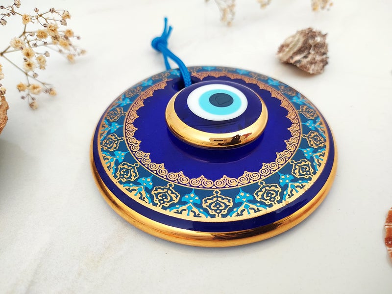 Erbulus 4.3" Glass Blue Evil Eye Wall Hanging Gold and Turquoise Floral Design Ornament â€“ Turkish Nazar Bead - Home Protection Charm - Wall Art Amulet in a Box - Image 4